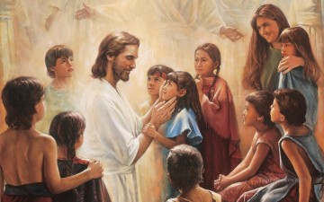 クリスチャン・イエス Painting - イエスはニーファイ人の子供たちを祝福する 2 宗教的なクリスチャン